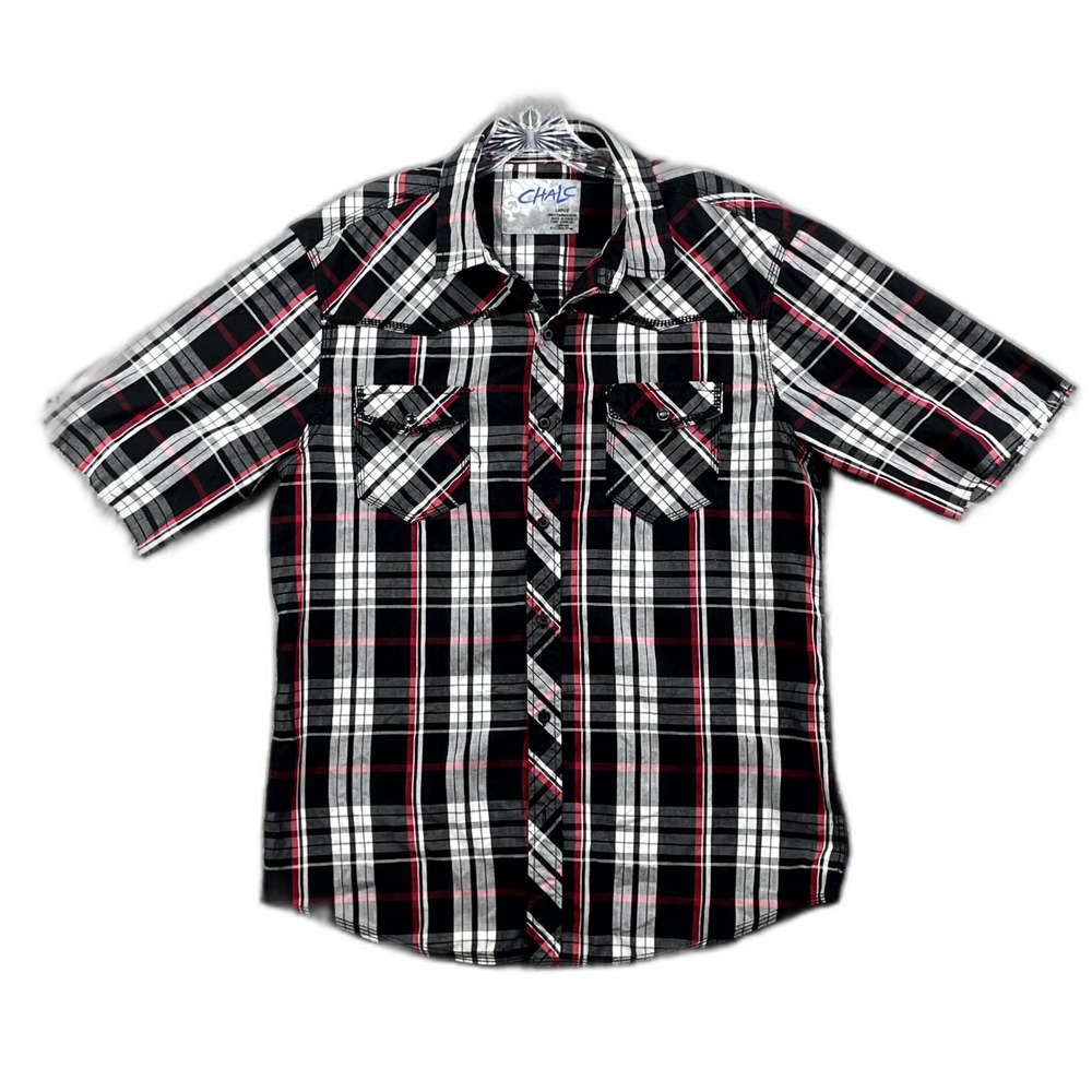 Chalc Western Shirt Mens Large Plaid Pearl Snap Cowboy Rancher Riding Rodeo Surf